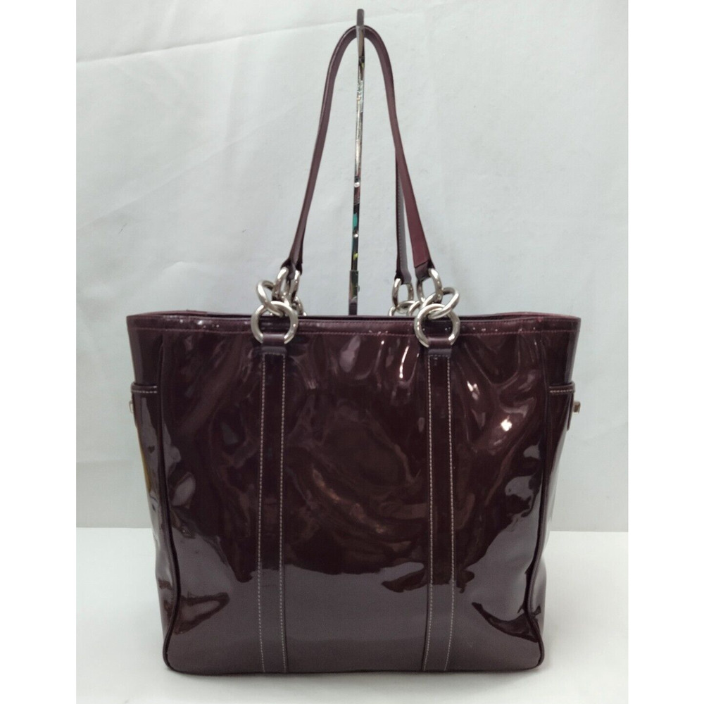 Coach Galaxy Purple Plum Patent Leather Tunrlock Pocket Double Handle Tote Bag - Picture 2 of 16